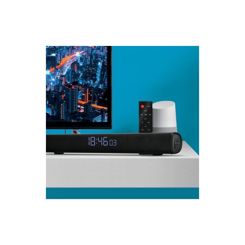 Enceinte Barre de Son Éco-responsable BT5.0 16 W (2x 8 W), Radio FM, Horloge - Son de Qualité Personnalisée goodies publicitaire
