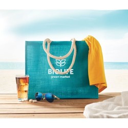 Sac Shopping Éco-responsable Personnalisé en Jute Élégant AURA Matières : jute Couleurs : turquoise personnalisation rapide en F