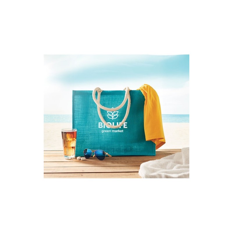 Sac Shopping Éco-responsable Personnalisé en Jute Élégant AURA Matières : jute Couleurs : turquoise personnalisation rapide en F