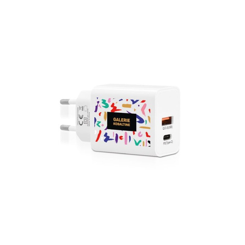 Chargeur secteur rapide 20W USB QC3.0 & Type-C PD personnalisé pas cher goodies publicitaire événementiel
