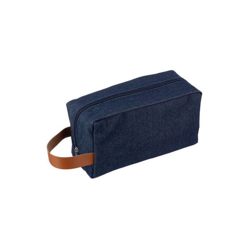 Trousse de toilette en denim personnalisée pas cher - Marianne Matières : polyester Couleurs : bleu marquage laser ultra précis