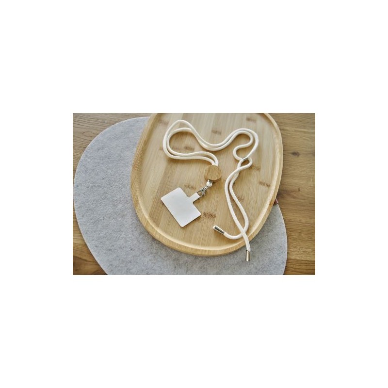 Porte-téléphone lanyard personnalisé en coton - Lucia Matières : bambou Couleurs : sable cadeau entreprise pas cher
