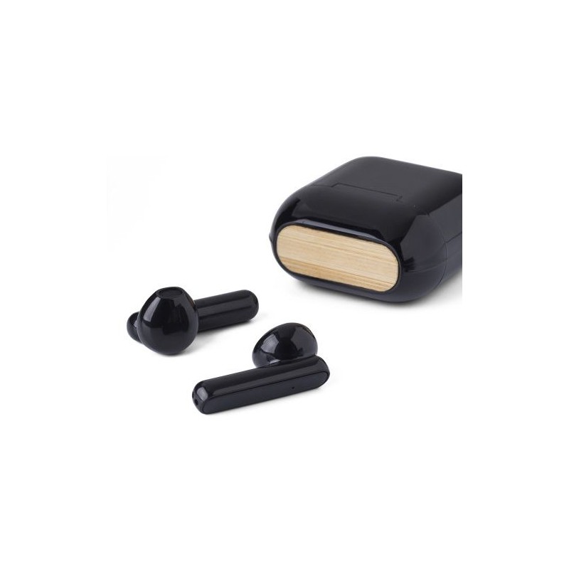 Oreillettes sans fil personnalisées en ABS - Waylon Matières : bambou Couleurs : noir accessoire événementiel unique