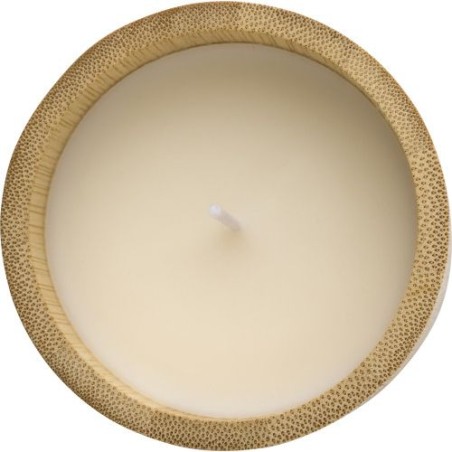 Bougie  personnalisée dans un contenant en bambou - Eli Matières : bambou Couleurs : brun cadeau entreprise pas cher
