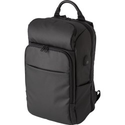 Sac à dos  porte-ordinateur en PU personnalisé USB Rishi Matières : polyester Couleurs : noir goodies publicitaire événementiel