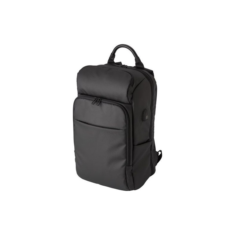 Sac à dos  porte-ordinateur en PU personnalisé USB Rishi Matières : polyester Couleurs : noir goodies publicitaire événementiel
