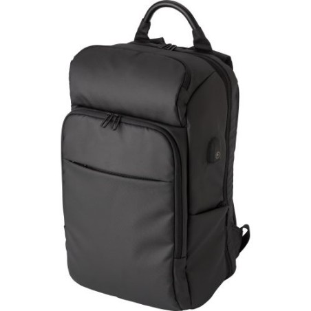 Sac à dos  porte-ordinateur en PU personnalisé USB Rishi Matières : polyester Couleurs : noir goodies publicitaire événementiel