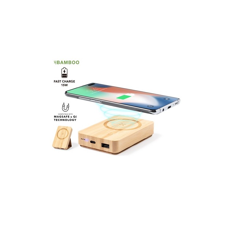 Chargeur Éco-responsable Sans Fil Personnalisé de 10000 mAh Dobson Matières : bambou
