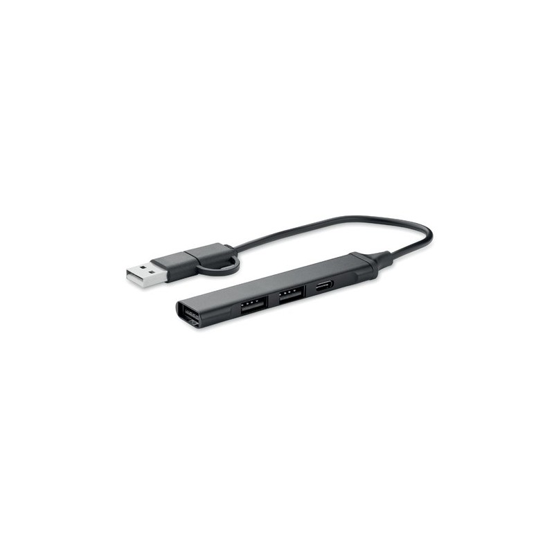 Hub USB Éco-responsable 4 ports 19 cm Pratique Personnalisé CURRENT Matières : aluminium recyclé  Couleurs : noir