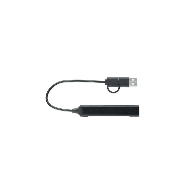 Hub USB Éco-responsable 4 ports 19 cm Pratique Personnalisé CURRENT Matières : aluminium recyclé  Couleurs : noir personnalisabl