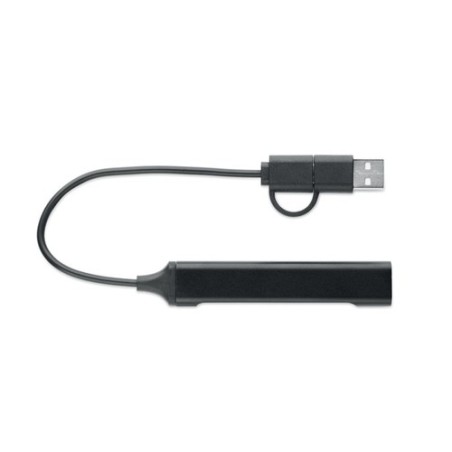 Hub USB Éco-responsable 4 ports 19 cm Pratique Personnalisé CURRENT Matières : aluminium recyclé  Couleurs : noir personnalisabl