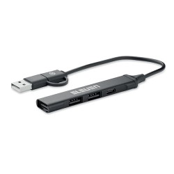 Hub USB Éco-responsable 4 ports 19 cm Pratique Personnalisé CURRENT Matières : aluminium recyclé  Couleurs : noir cadeau entrepr