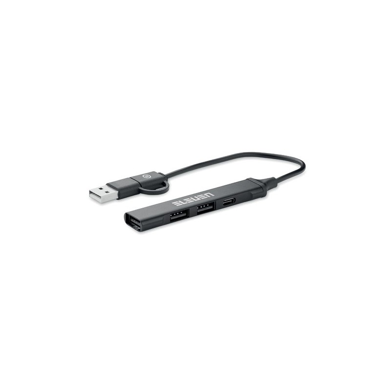 Hub USB Éco-responsable 4 ports 19 cm Pratique Personnalisé CURRENT Matières : aluminium recyclé  Couleurs : noir cadeau entrepr