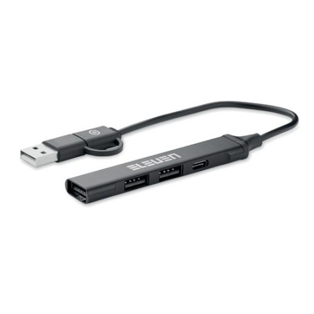 Hub USB Éco-responsable 4 ports 19 cm Pratique Personnalisé CURRENT Matières : aluminium recyclé  Couleurs : noir cadeau entrepr