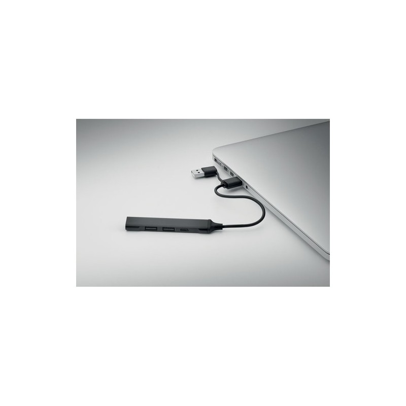 Hub USB Éco-responsable 4 ports 19 cm Pratique Personnalisé CURRENT Matières : aluminium recyclé  Couleurs : noir goodies public
