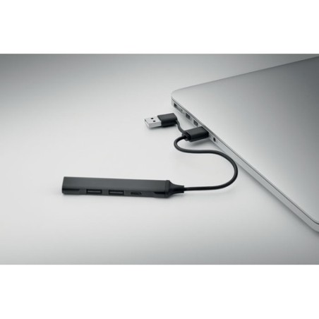 Hub USB Éco-responsable 4 ports 19 cm Pratique Personnalisé CURRENT Matières : aluminium recyclé  Couleurs : noir goodies public