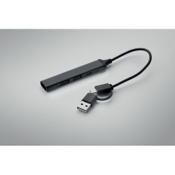 Hub USB Éco-responsable 4 ports 19 cm Pratique Personnalisé CURRENT Matières : aluminium recyclé  Couleurs : noir impression hau