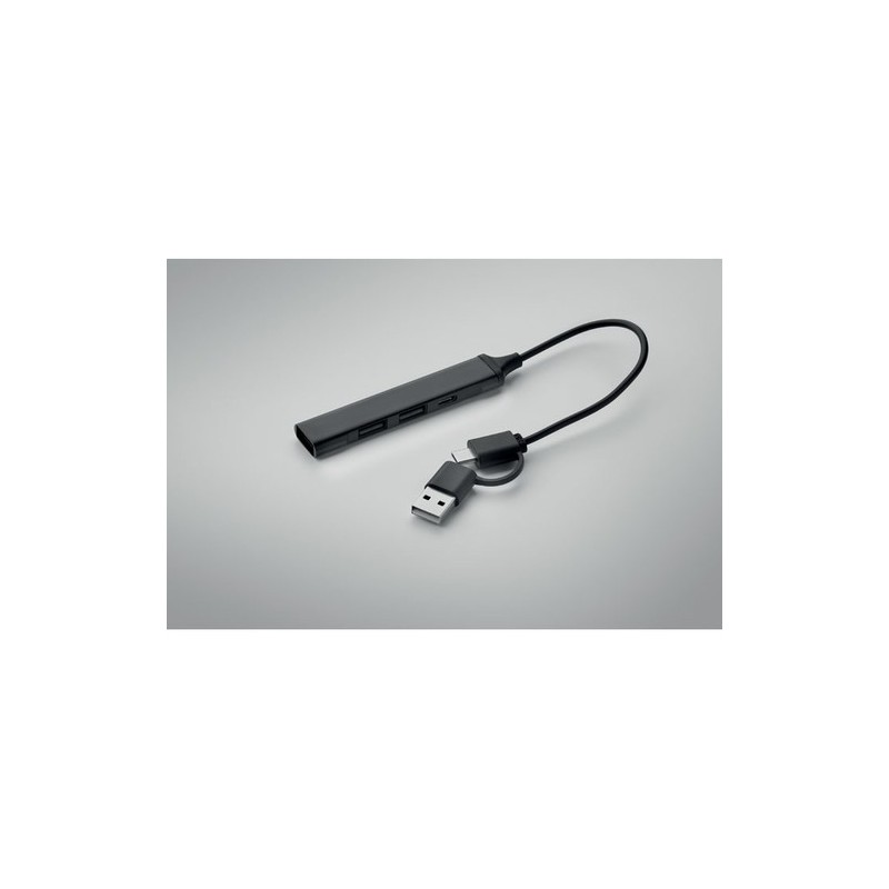 Hub USB Éco-responsable 4 ports 19 cm Pratique Personnalisé CURRENT Matières : aluminium recyclé  Couleurs : noir impression hau