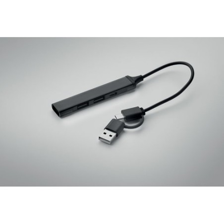 Hub USB Éco-responsable 4 ports 19 cm Pratique Personnalisé CURRENT Matières : aluminium recyclé  Couleurs : noir impression hau