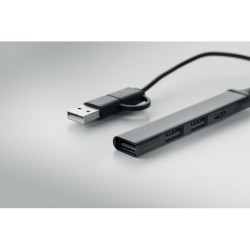 Hub USB Éco-responsable 4 ports 19 cm Pratique Personnalisé CURRENT Matières : aluminium recyclé  Couleurs : noir marquage laser