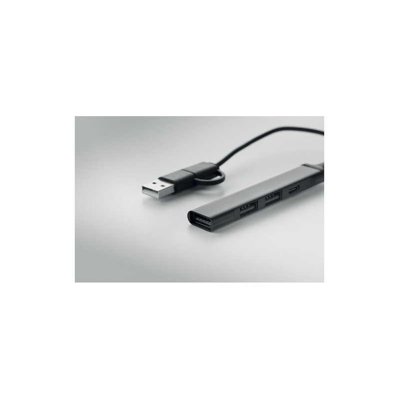 Hub USB Éco-responsable 4 ports 19 cm Pratique Personnalisé CURRENT Matières : aluminium recyclé  Couleurs : noir marquage laser