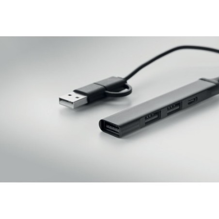 Hub USB Éco-responsable 4 ports 19 cm Pratique Personnalisé CURRENT Matières : aluminium recyclé  Couleurs : noir marquage laser