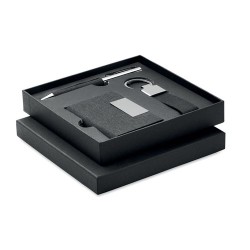 Coffret cadeau personnalisé 3 pièces - Stylo, Porte-Clés & Porte-Cartes - SCRIBI 3 Matières : acier inoxydable Couleurs : noir