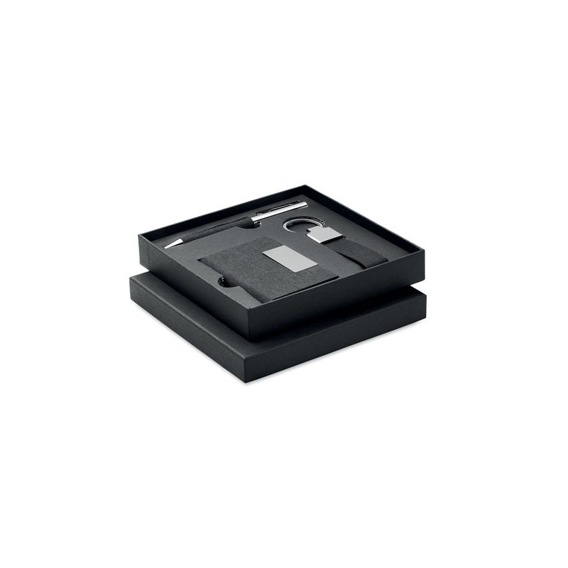 Coffret cadeau personnalisé 3 pièces - Stylo, Porte-Clés & Porte-Cartes - SCRIBI 3 Matières : acier inoxydable Couleurs : noir