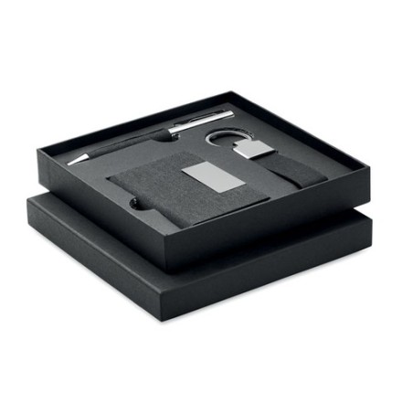 Coffret cadeau personnalisé 3 pièces - Stylo, Porte-Clés & Porte-Cartes - SCRIBI 3 Matières : acier inoxydable Couleurs : noir
