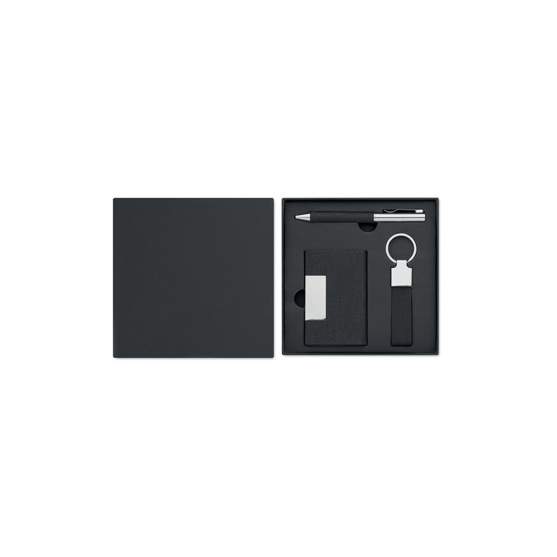Coffret cadeau personnalisé 3 pièces - Stylo, Porte-Clés & Porte-Cartes - SCRIBI 3 Matières : acier inoxydable Couleurs : noir p