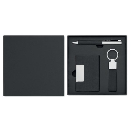 Coffret cadeau personnalisé 3 pièces - Stylo, Porte-Clés & Porte-Cartes - SCRIBI 3 Matières : acier inoxydable Couleurs : noir p