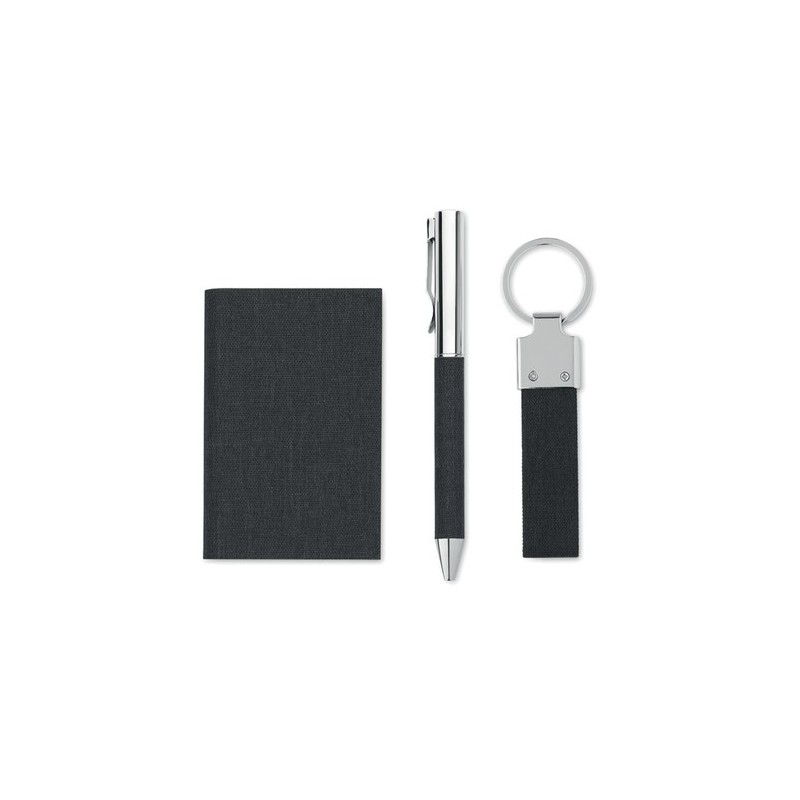 Coffret cadeau personnalisé 3 pièces - Stylo, Porte-Clés & Porte-Cartes - SCRIBI 3 Matières : acier inoxydable Couleurs : noir c