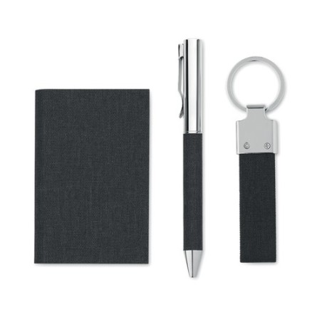 Coffret cadeau personnalisé 3 pièces - Stylo, Porte-Clés & Porte-Cartes - SCRIBI 3 Matières : acier inoxydable Couleurs : noir c