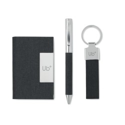 Coffret cadeau personnalisé 3 pièces - Stylo, Porte-Clés & Porte-Cartes - SCRIBI 3 Matières : acier inoxydable Couleurs : noir i