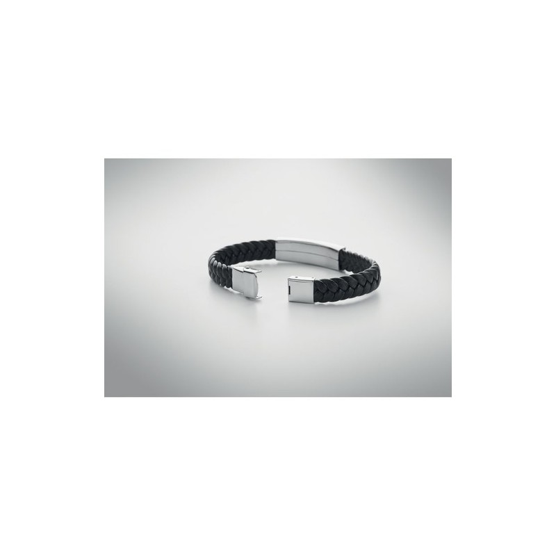 Bracelet personnalisé tressé en simili cuir pas cher - FAULET Matières : acier inoxydable Couleurs : noir marquage laser ultra p