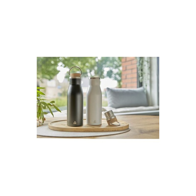Bouteille  de 500 ml en acier inoxydable recyclé - Aline Matières : bambou Couleurs : noir marquage laser ultra précis