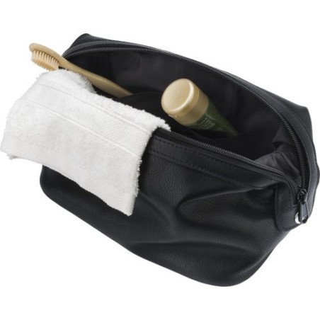 Trousse de toilette  en cuir - Flynn Matières : cuir Couleurs : noir personnalisable avec votre logo