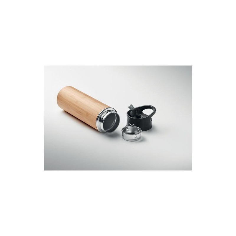 Bouteille isotherme double paroi en bambou 450ml personnalisée NANDA Matières : acier inoxydable Couleurs : bois impression haut