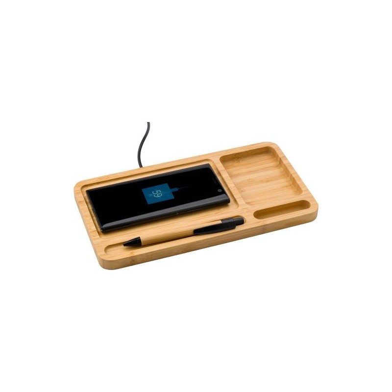 Organiseur de bureau  avec chargeur à induction Faye Matières : métal Couleurs : bambou impression haute définition