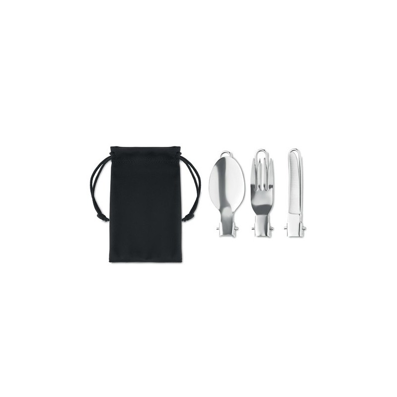 Set de 3 couverts de camping réutilisables personnalisés STAPI SET Matières : acier inoxydable Couleurs : noir personnalisable a