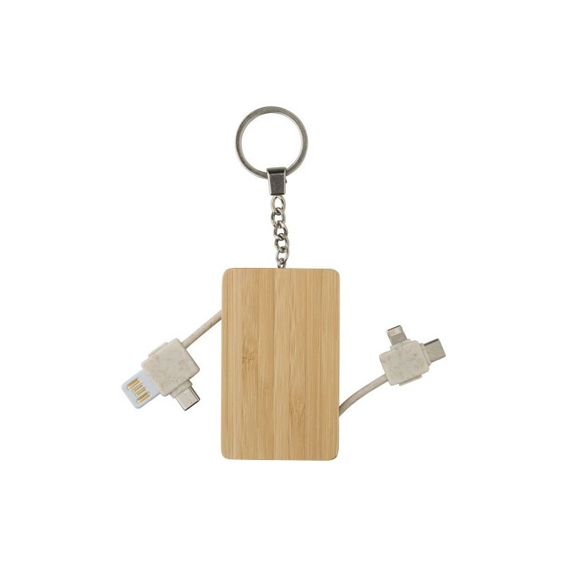 Porte-clés en bambou  avec câble de charge personnalisé - Bianca Matières : acier inoxydable Couleurs : brun personnalisable ave