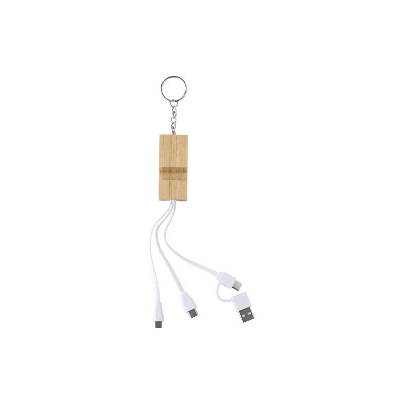 Porte-clés publicitaire en bambou avec câble de charge USB-C - Sutton Matières : acier inoxydable Couleurs : brun