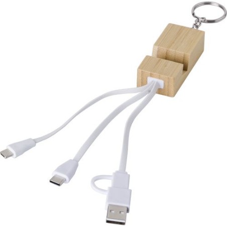 Porte-clés publicitaire en bambou avec câble de charge USB-C - Sutton Matières : acier inoxydable Couleurs : brun personnalisabl