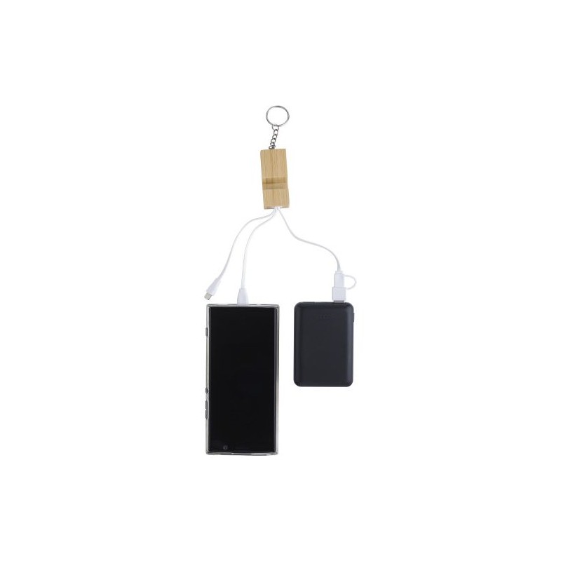 Porte-clés publicitaire en bambou avec câble de charge USB-C - Sutton Matières : acier inoxydable Couleurs : brun impression hau