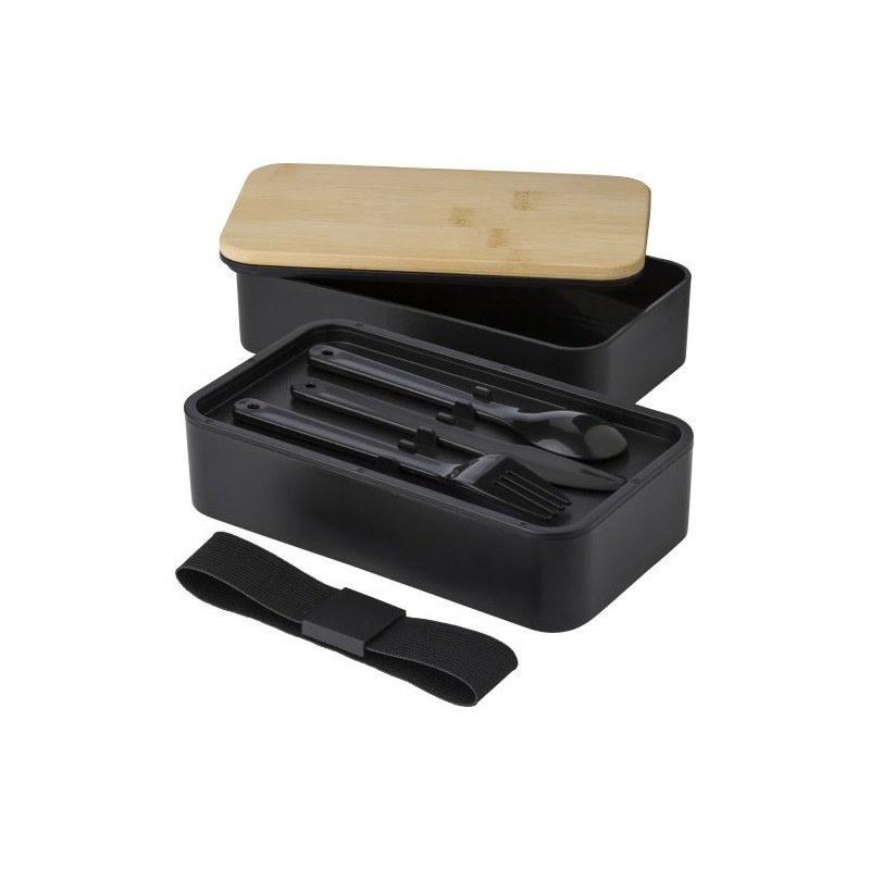 Lunch box  à double compartiment en PP - Maxton Matières : bambou Couleurs : blanc cadeau entreprise pas cher
