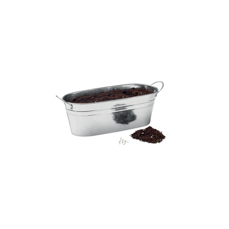 Bac en zinc  avec herbes aromatiques personnalisées - MIX SEEDS Matières : métal Couleurs : argenté mat cadeau entreprise pas ch