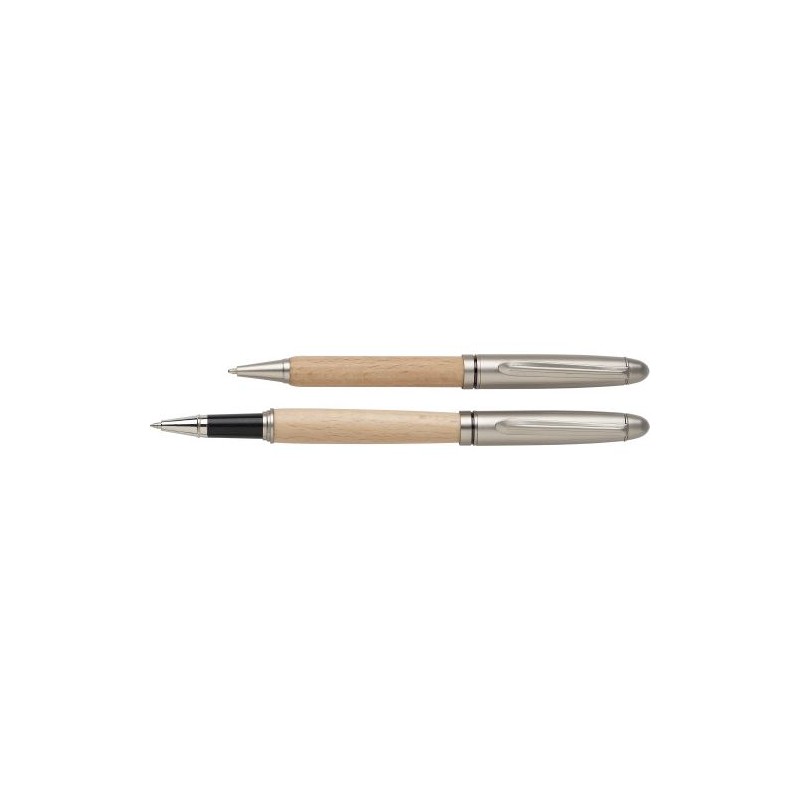 Parure élégante de stylo bille et roller en bois Oliviero Matières : bois Couleurs : brun personnalisable avec votre logo