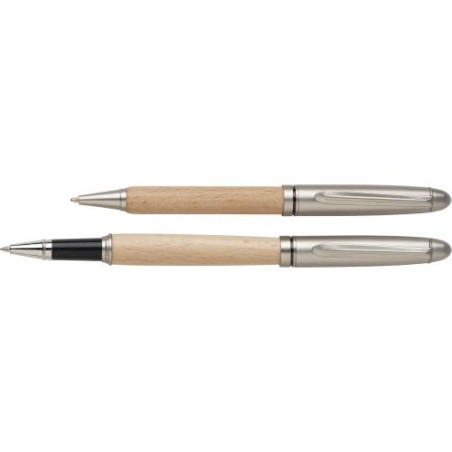 Parure élégante de stylo bille et roller en bois Oliviero Matières : bois Couleurs : brun personnalisable avec votre logo