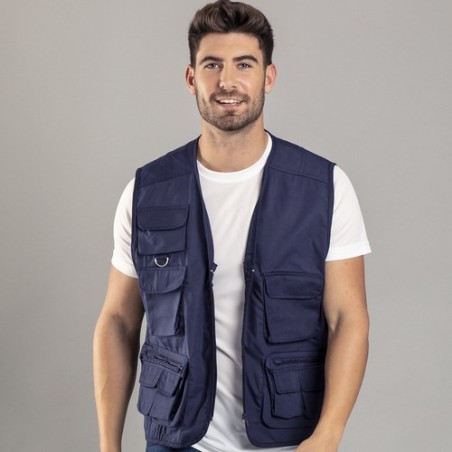 Gilet personnalisé unique reporter soviétique Matières : coton Taille textile : XXL Couleurs : bleu marine impression logo haute