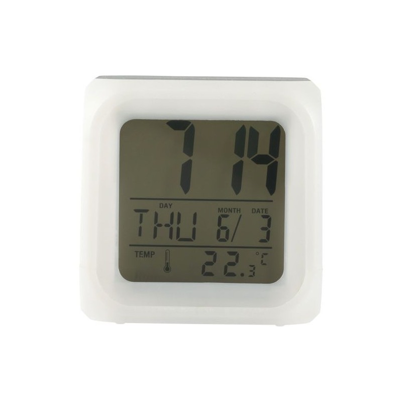 Horloge de bureau lumineuse personnalisée cube Leona avec changement de couleurs Matières : HIPS Couleurs : blanc personnalisabl